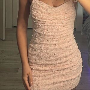 Oh Polly Blush Beaded Mini Dress